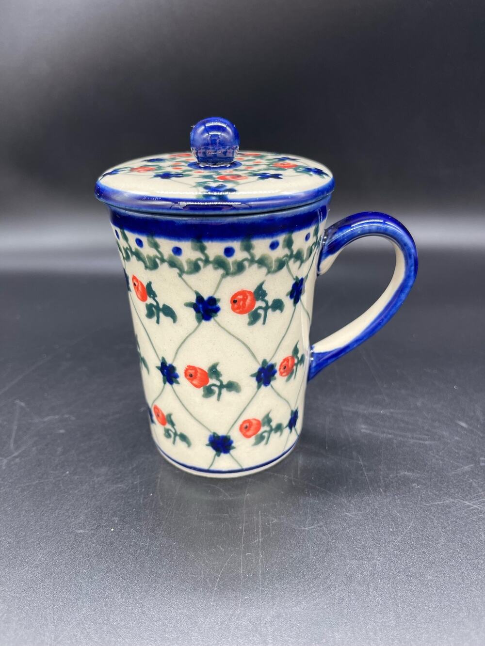 Polish Pottery Ceramica Boleslawiec Hand Painted TeaCup & Lid Signed Ewelina 063